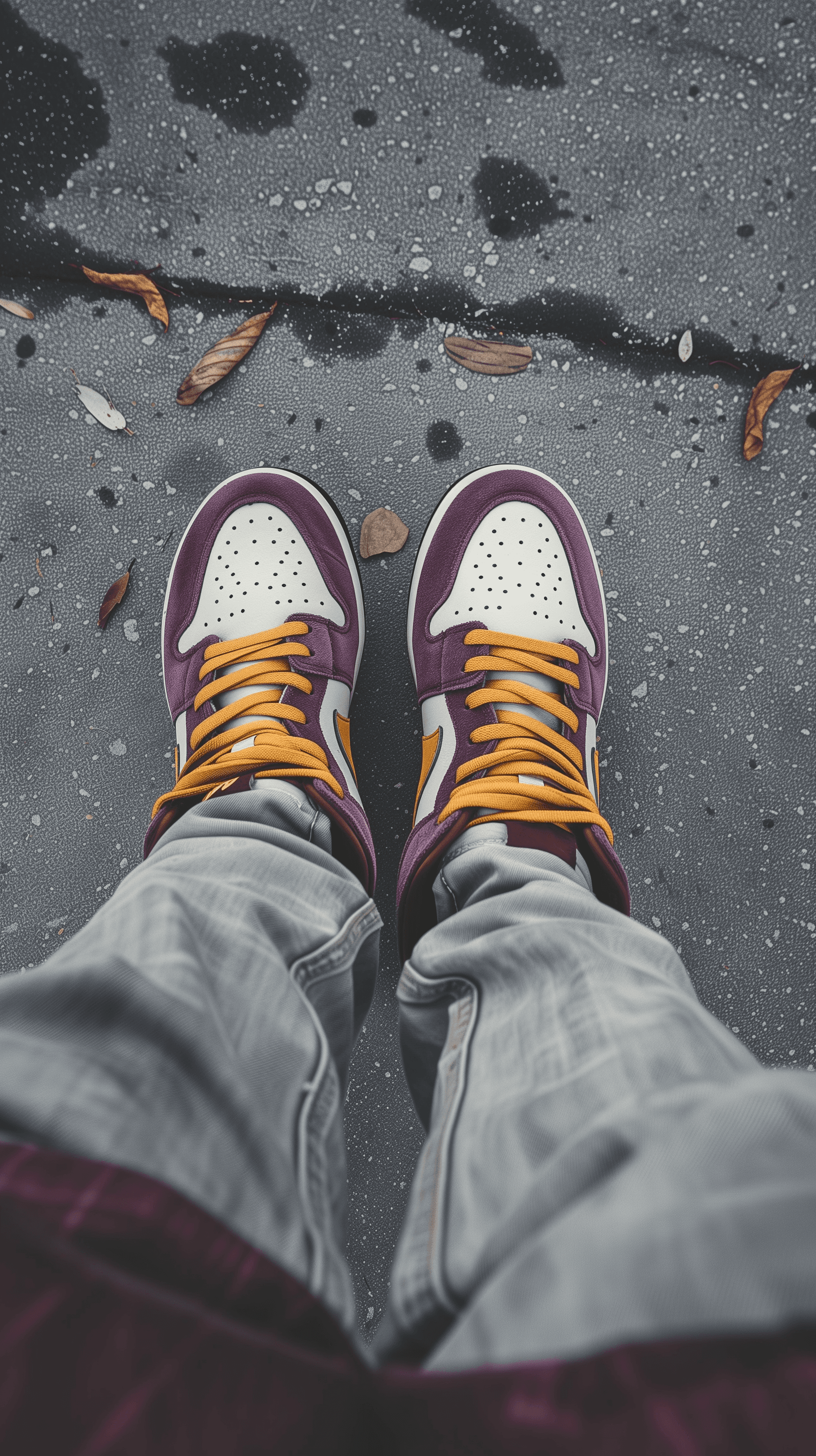 AI generated: down at shoes, purple suede with yellow point mixed Nike Dunk high, dyeing denim pants