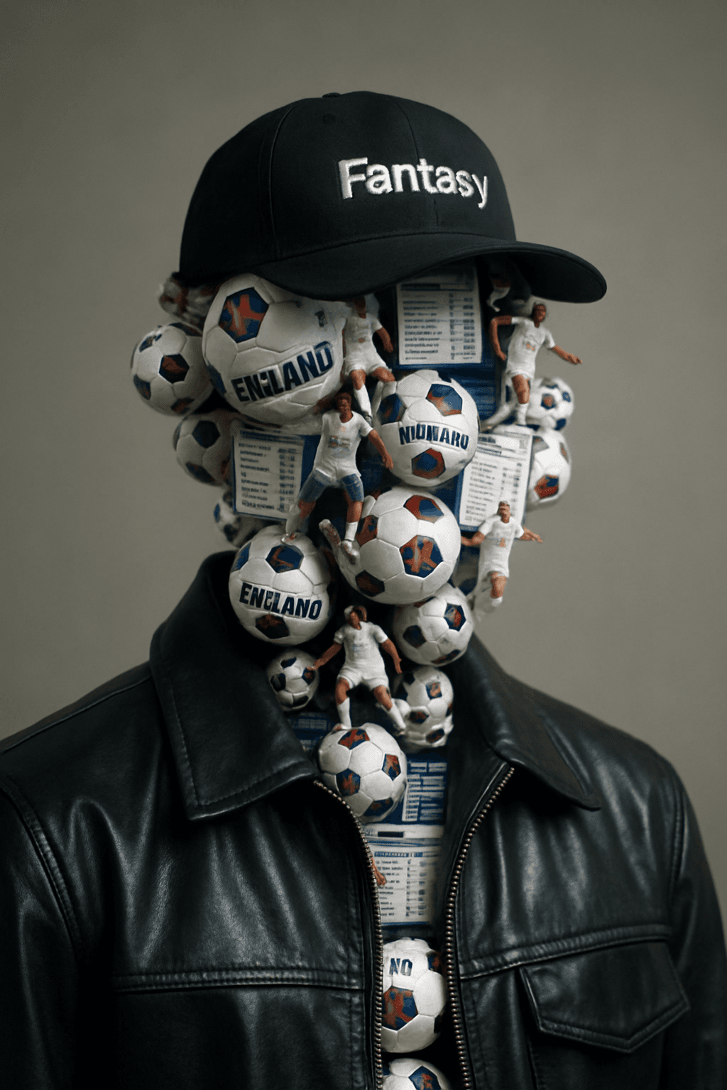 AI generated: A surreal fashion portrait of a humanoid figure with its head and neck completely covered in ingland...