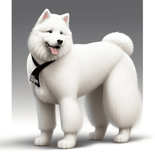 AI generated: samoyed dog standing on his 2 back legs wearing a white judogi and a black belt