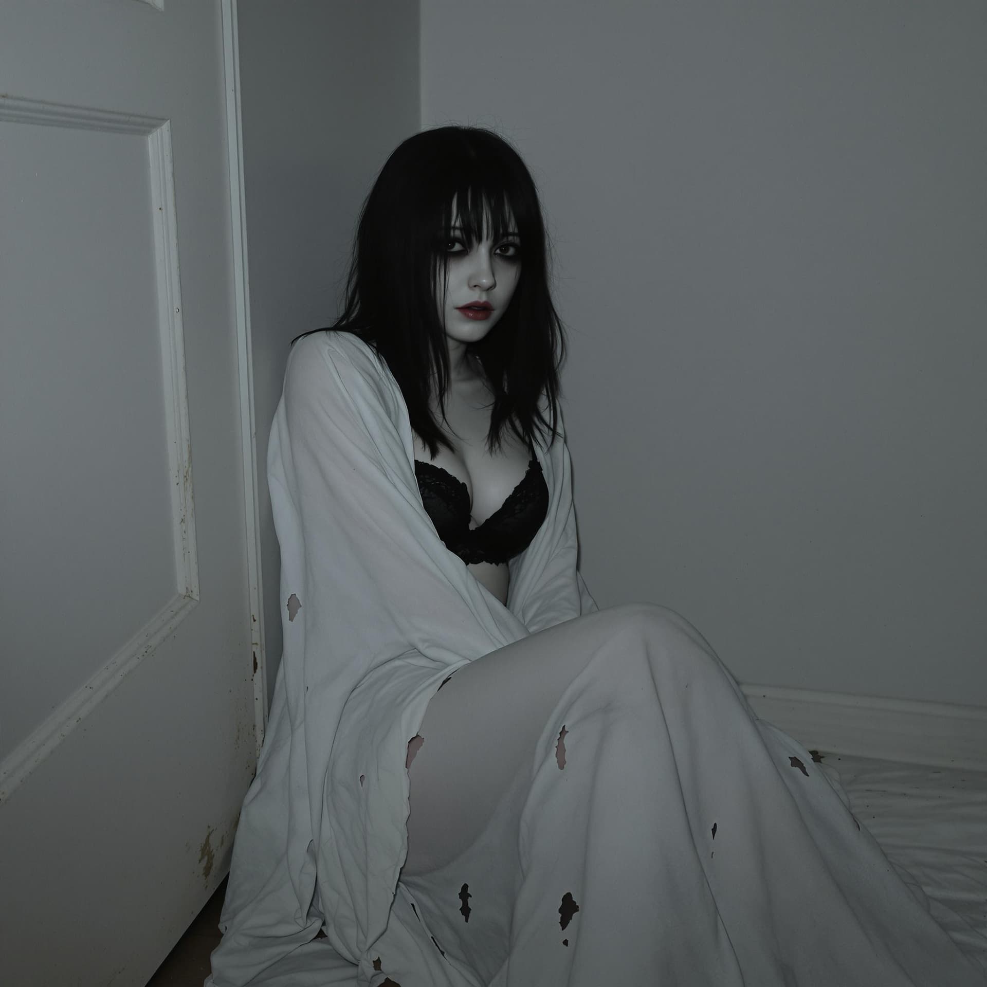AI generated: Possesed girl, white skin, haunted house environment, She looks sad, she is sitting on the floorboar...