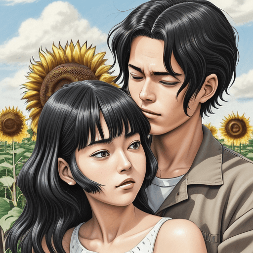 AI generated: close up, japanese manga, nostalgia vibes, retro showa, ghibli, couple, lovers, african american gir...
