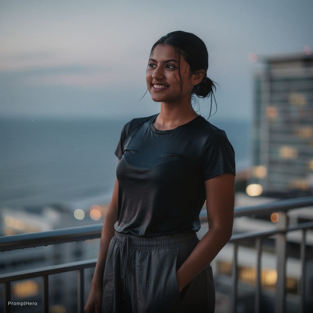 AI generated: A documentary style photograph of a young female on a high balcony just after swimming. Her long dar...