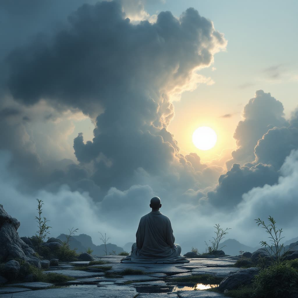 AI generated: A monk sitting peacefully under a storm cloud waiting for the sun, high-detail 3D render, Zen garden...
