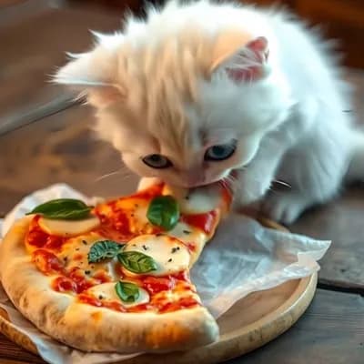 AI generated video: Cat eats  pizza and then immediately spitting it out