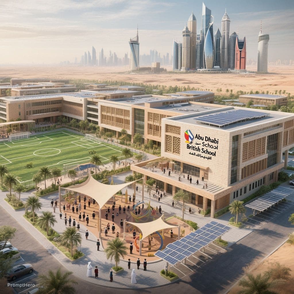 AI generated: A high-quality Revit-style architectural rendering of a modern school campus in Abu Dhabi, UAE. The ...
