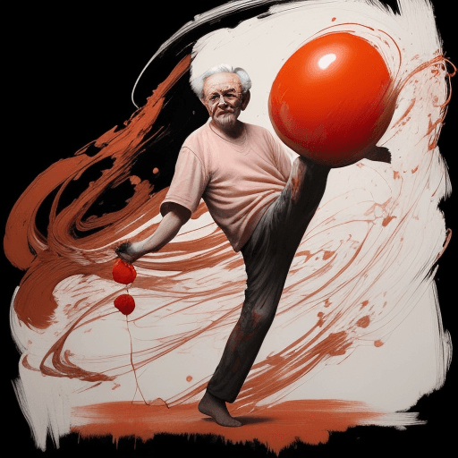 AI generated: a painting of old man holding a red balloon, in the style of dynamic energy flow, beautifully textur...