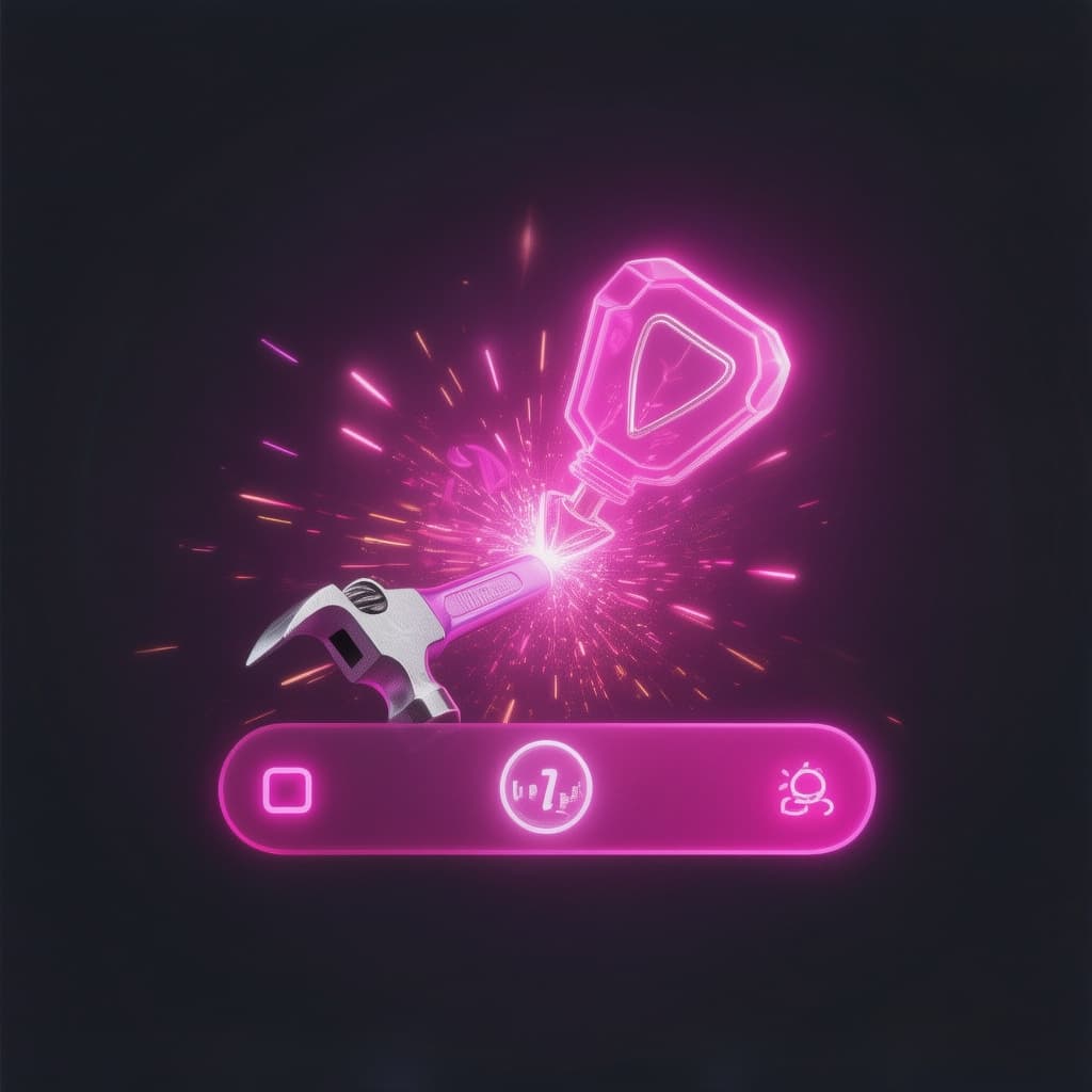 AI generated: anvil or hammer striking diamond icon, clean lines with soft glow, bright 
magenta #D946A8 color, su...