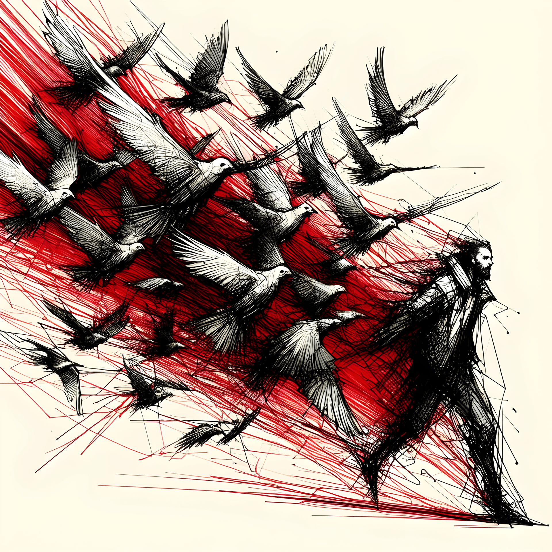 AI generated: an in black and red sketch of a Flock in the style of magewave, comic book dynamism, focus on joints...