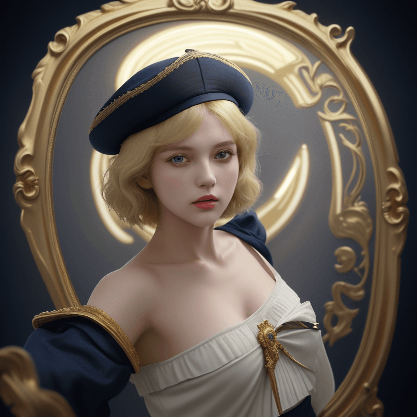 AI generated: Vladilena Milize, gold hair, short hair, with a brilliant, impossible striking sailor hat, clothes e...