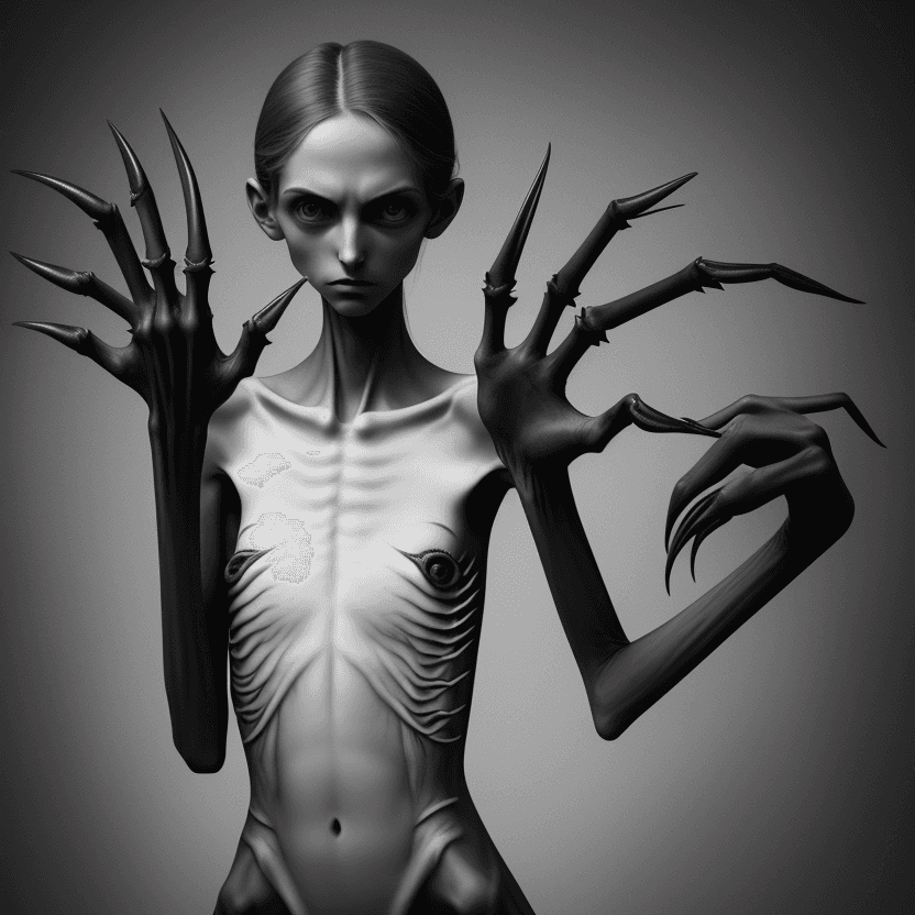AI generated:  woman's arms with hands with black long curved claws (almost claws) of skinny anorexic girl