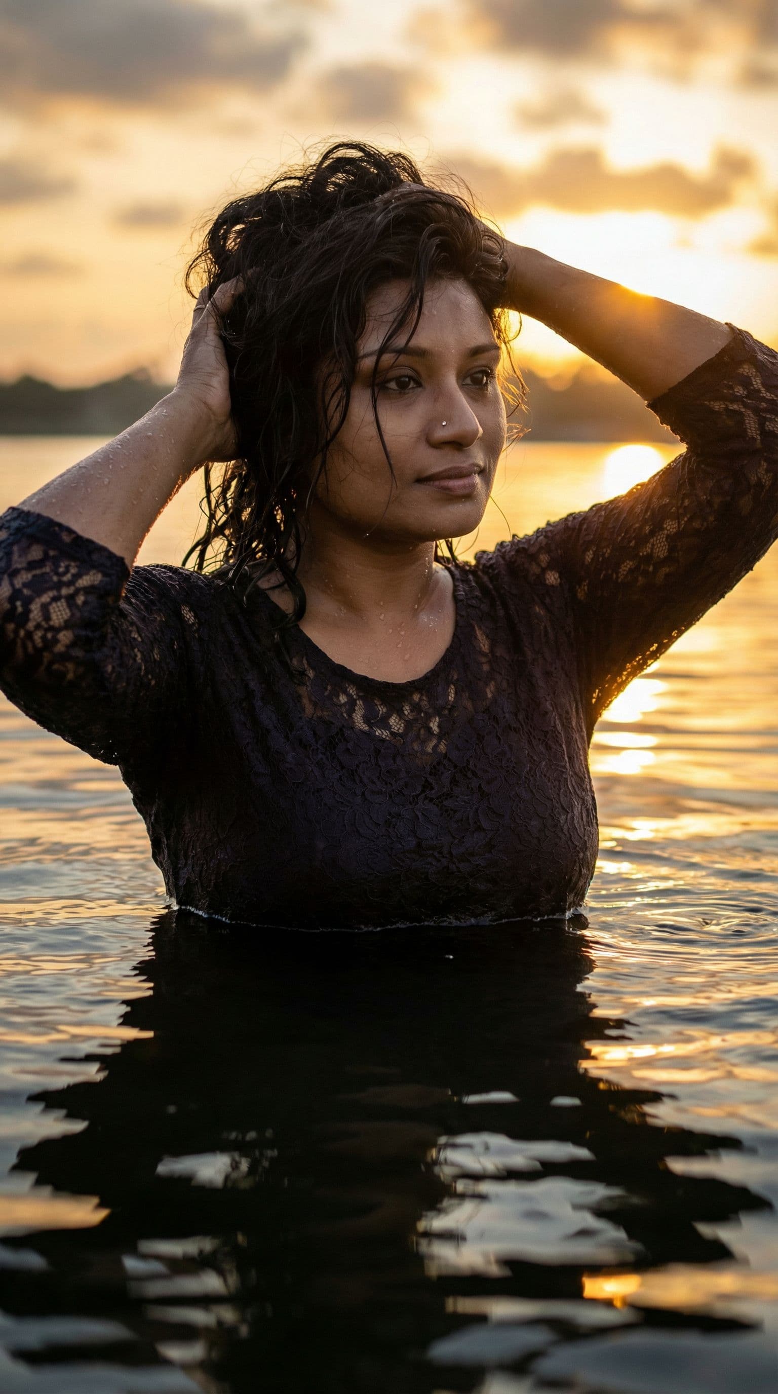 AI generated: The uploaded woman stands by a river. The setting sun, a fiery sunset, golden clouds, and golden rip...