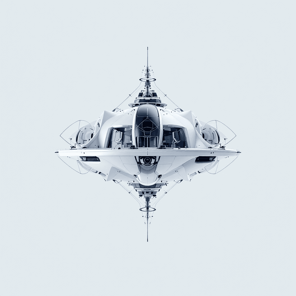 AI generated:  upers view of the Futuristic pod floating realistic image with white background
 sleek and modern, ...