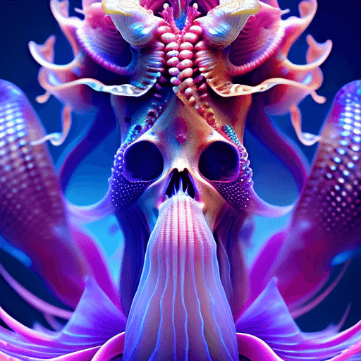 AI generated: Goddess close-up portrait ribcagel. jellyfish phoenix head, nautilus, orchid, skull, betta fish, bio...