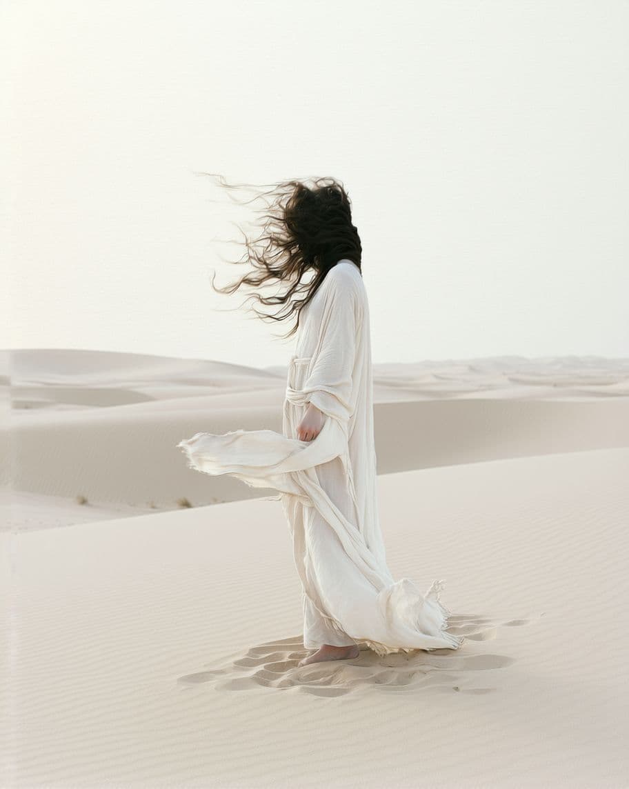 AI generated: Windswept silence fills a vast white desert, where a woman stands with her back to the viewer, in th...