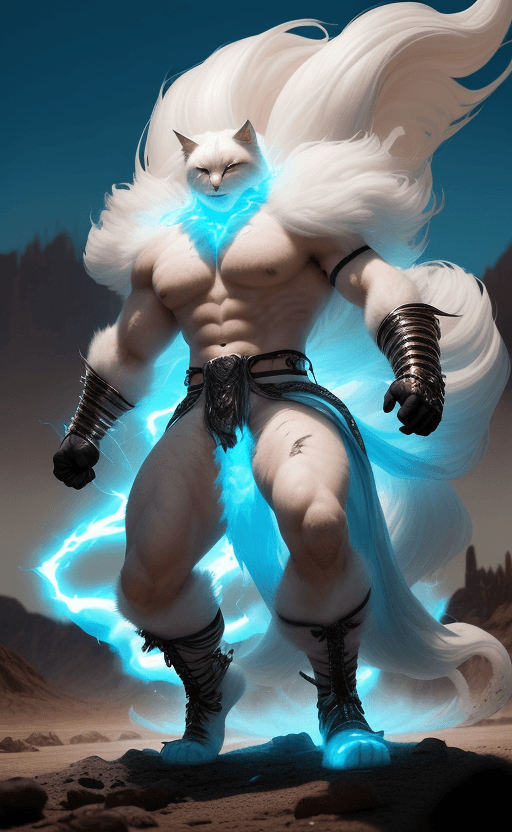 AI generated: Long fur stood up like the flames of a white cat warrior,an enormous aura, clear and bright, glowing...