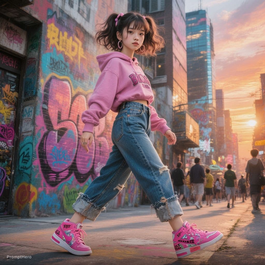 AI generated: A young Japanese girl with a playful urban style, sporting high-waisted jeans , cropped hoodie and Y...