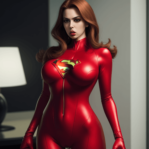 AI generated: Superheroine, tight suit, big lips, dazed, red suit,