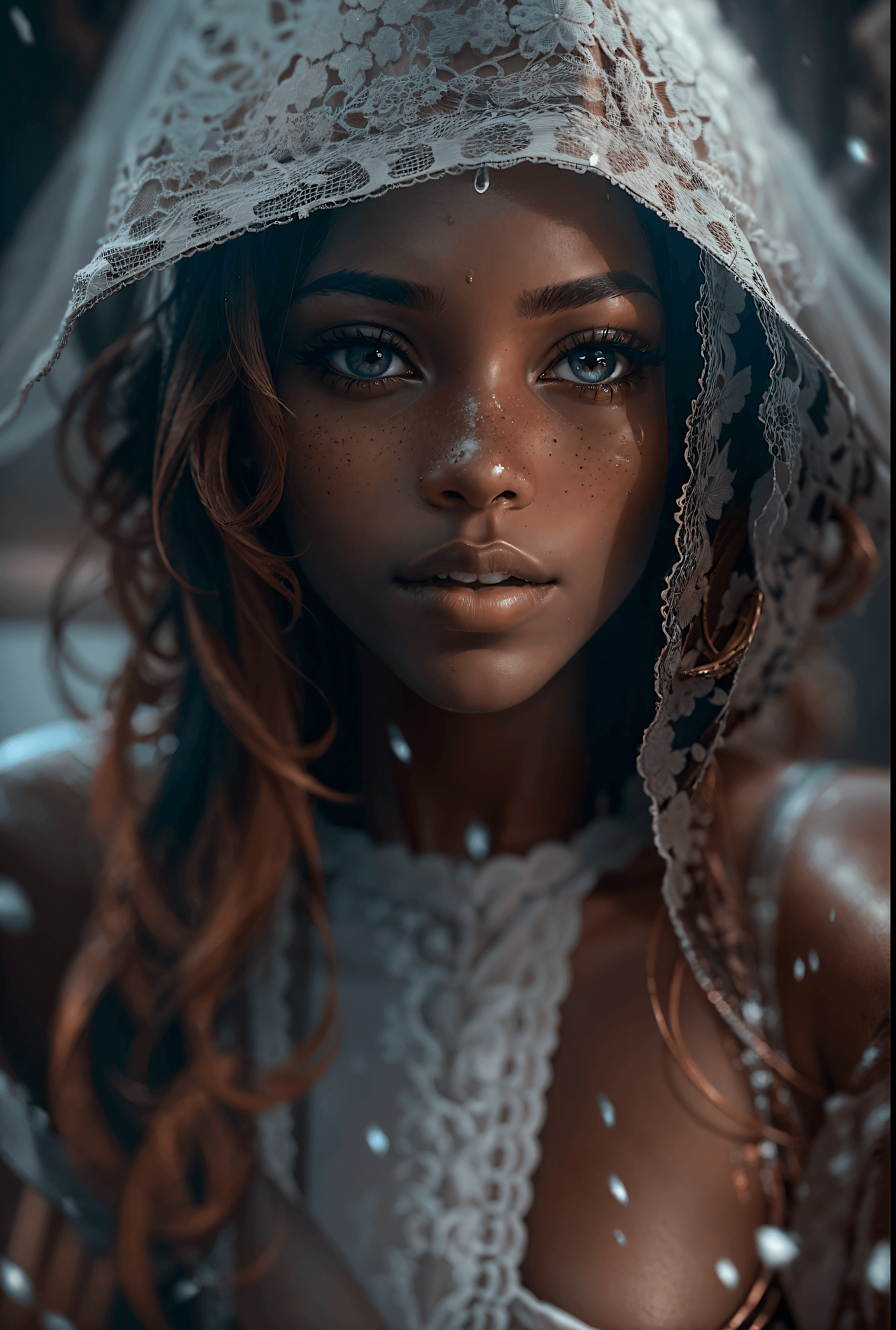 AI generated: An exquisite portrait of an African woman with deep ebony skin and a realistic afro hair bathing in ...