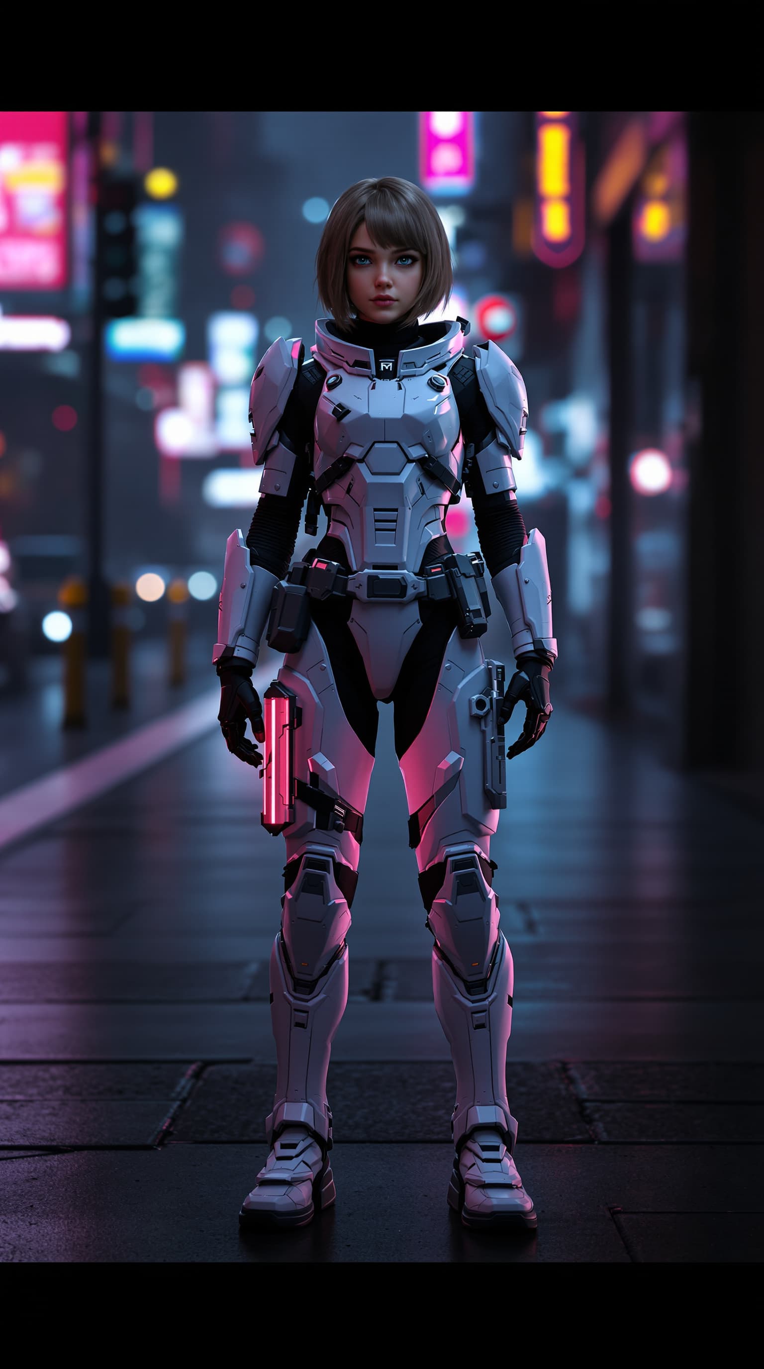 AI generated: hyper-realistic depiction of a twelve year old Kathryn Newton dressed in a lightly armored futuristi...