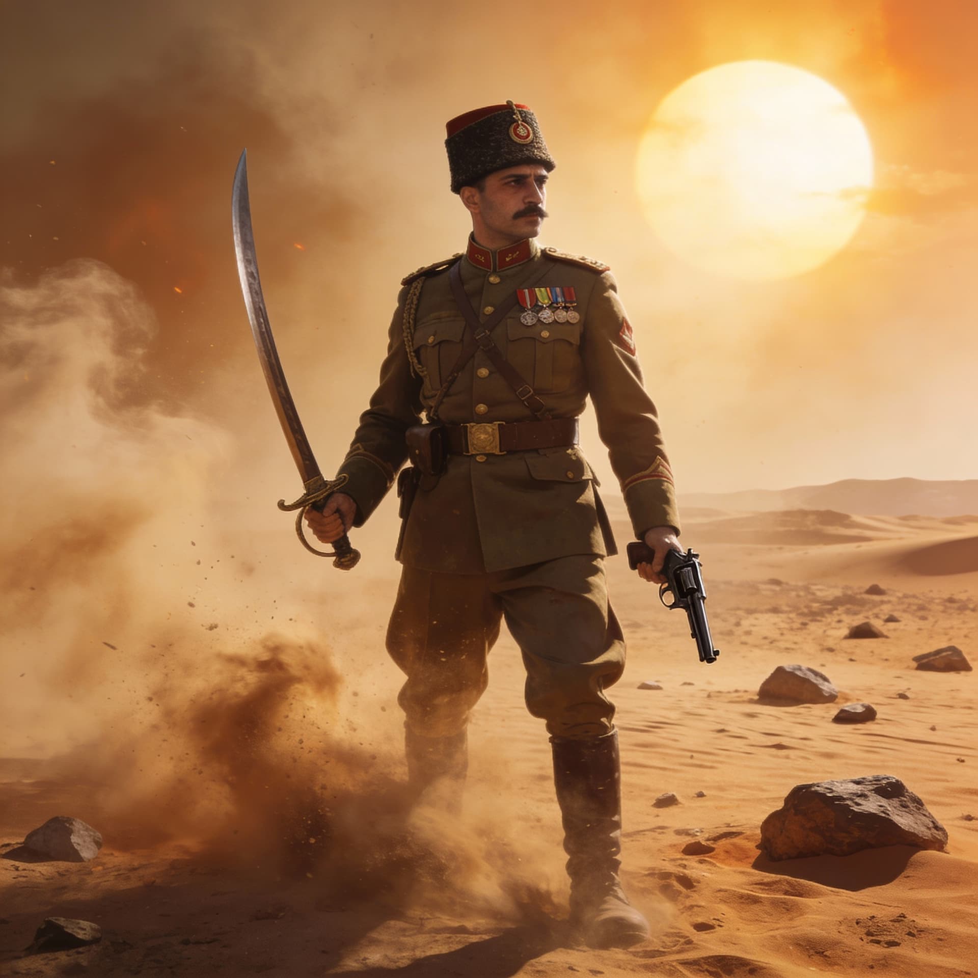 AI generated: Ottoman soldier during wwi 

Battle of Suez  ,ottoman officer uniform,yatagan sword and luger pistol...