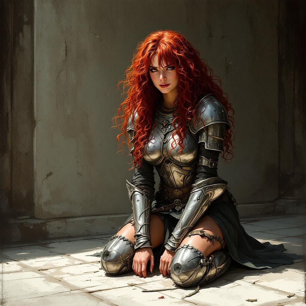 AI generated: red sonya bound and on the floor kneeling in her armor. there is a smirk of defiance on her face as ...