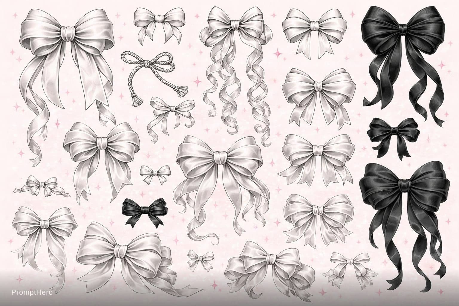 AI generated: Create a stunning high-resolution collage image featuring exactly 20 unique ribbon bow illustrations...