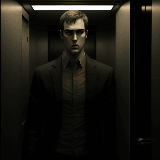 AI generated: 
The main character, Miles Upshur, seen inside the elevator. He should be shown in a tense pose, wit...