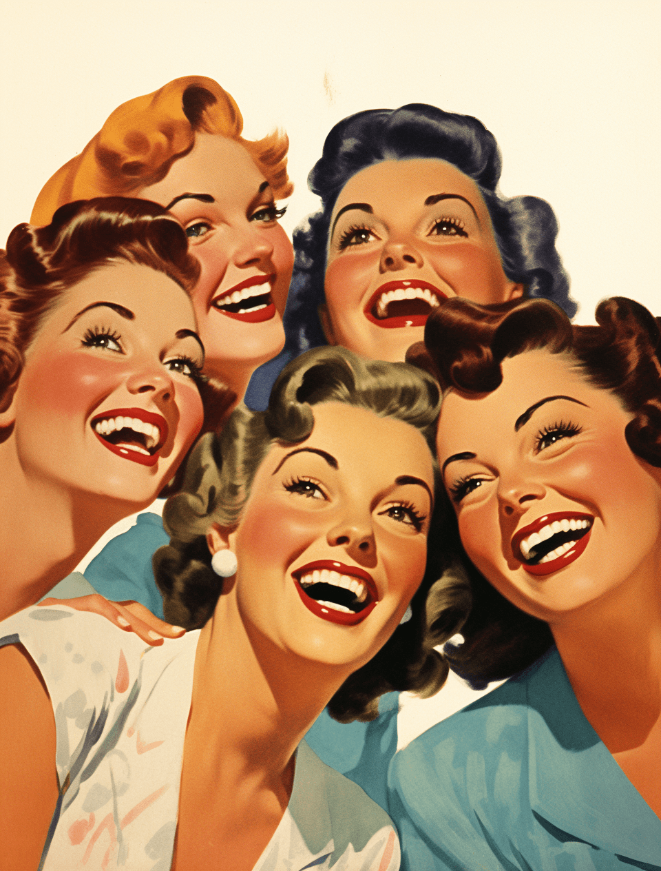 AI generated: Vintage illustration of five happy women with their faces in closeup, smiling and laughing together ...