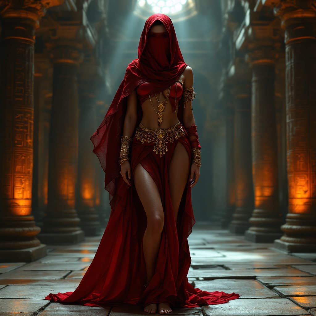AI generated: A highly detailed CGI image features a woman with a slender, toned physique, wearing an elaborate re...