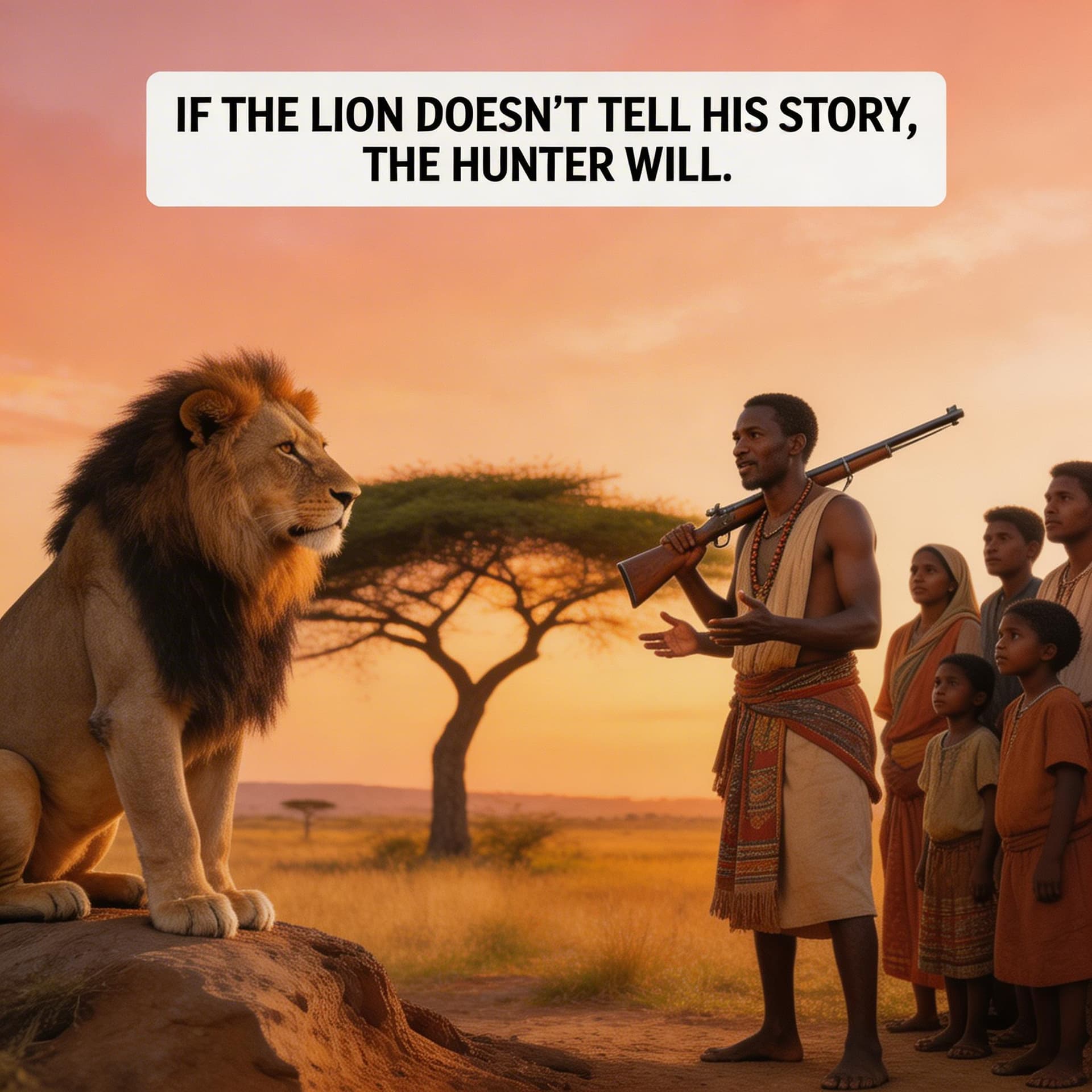 AI generated: image based on African Proverb with the text 'If the lion doesn’t tell his story, the hunter will.'