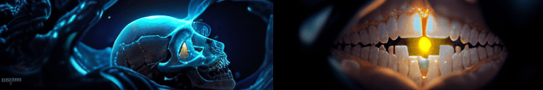 AI generated: Translucent, bioluminescent, psychedelic human skull,white teeth ,eternity in eye socket ,(intricate...