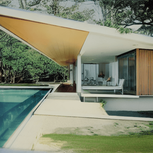 AI generated: Hyper realistic eye level exterior photo of a mid century modern style house overlooking the ocean, ...
