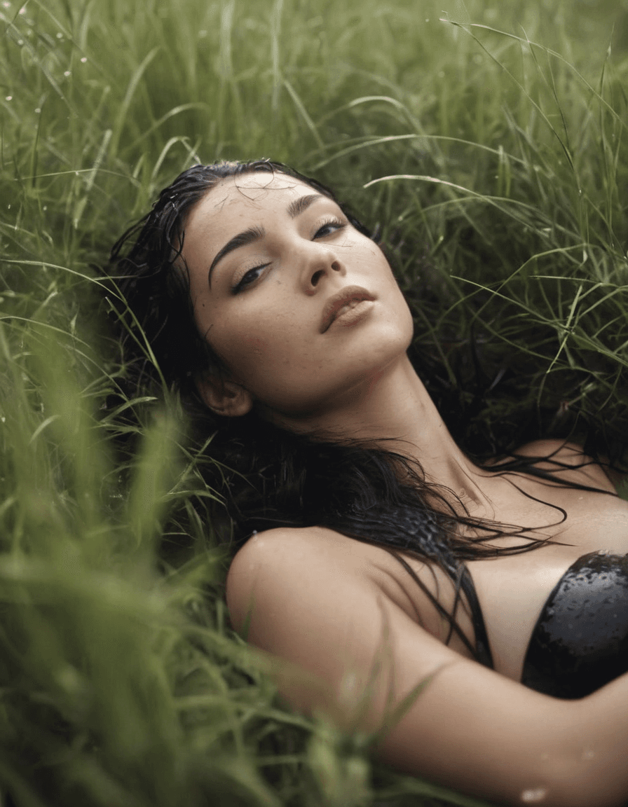 AI generated:  a young woman under (rain:1.5) lying on his back in the (wet high grass:1.5), (wet face:1.5), rainy...