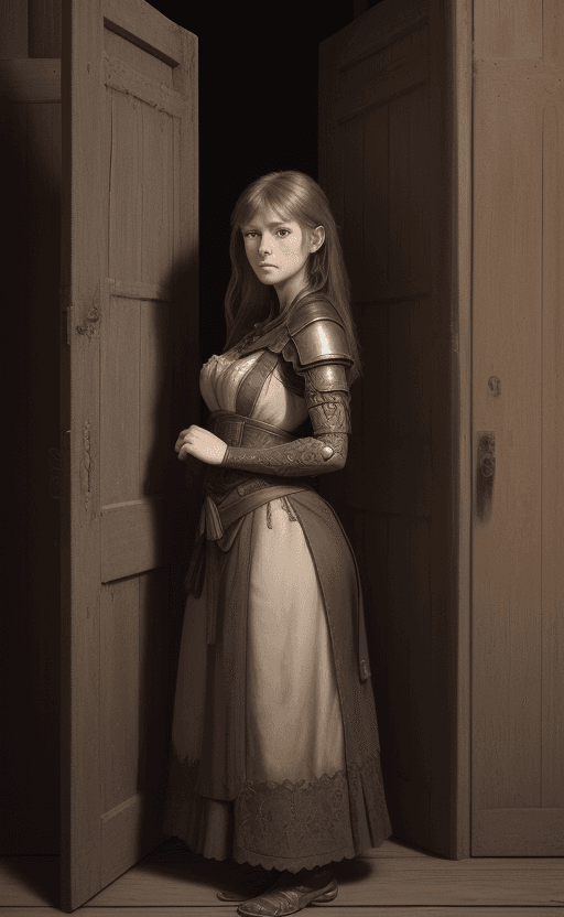 AI generated: PG V 2.5. I wasn't expecting you. She stands resolutely in front of an old wooden door and looks int...
