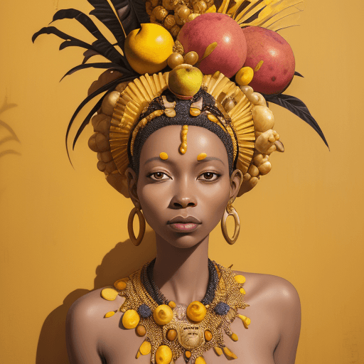 AI generated: a mural of woman on a yellow wall with fruit on her head, in the style of ingrid baars, 32k uhd, ben...