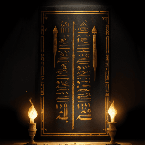 AI generated:    Old Egyptian
n script, black wall, light torch majestic aura, Scripture in with


