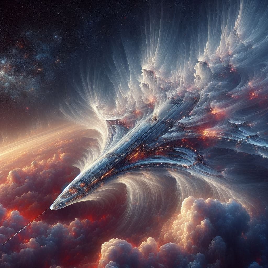 AI generated: Foglike transparent vision of a slender starliner in the sky, coming from another universe, made of ...