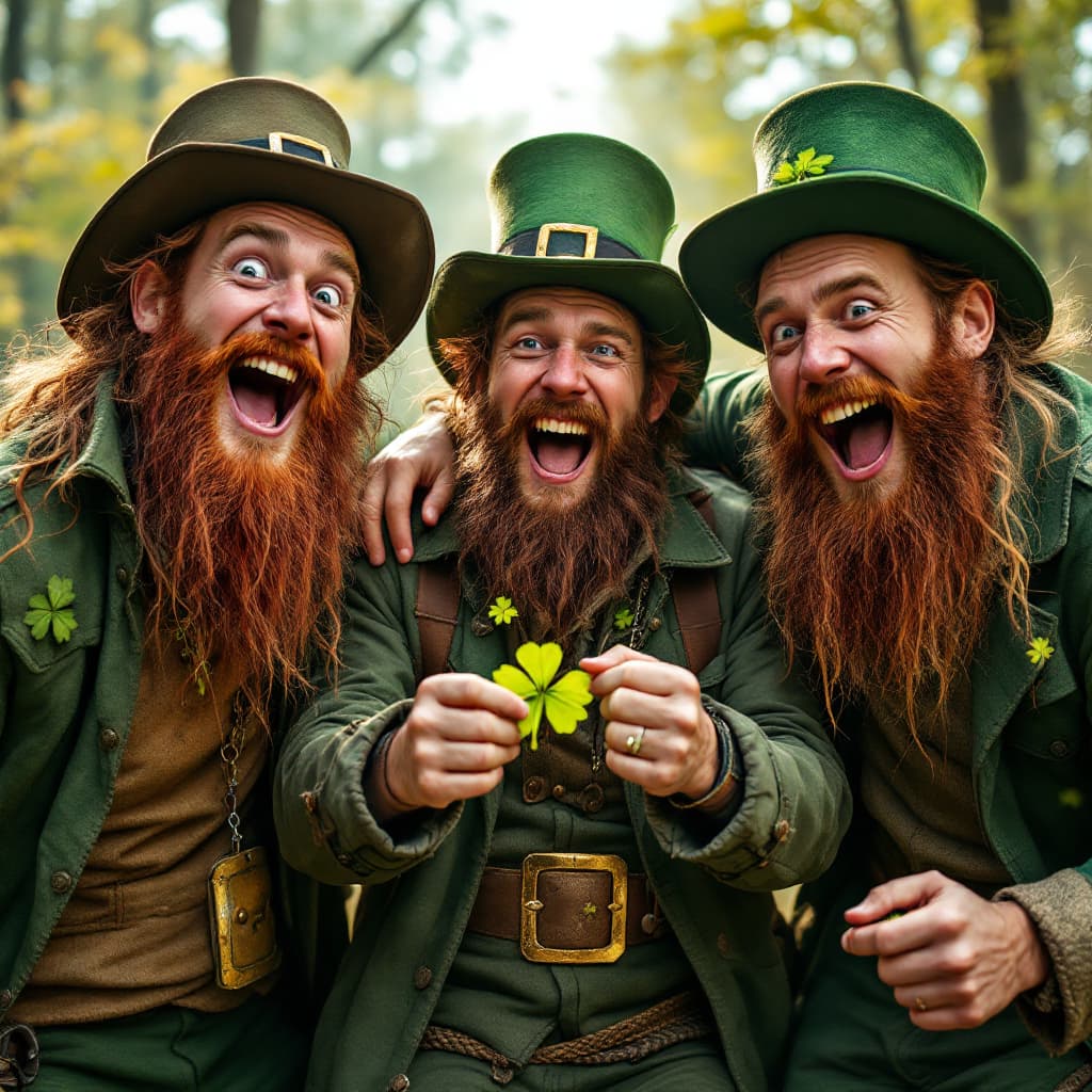 AI generated: three leprechaun hunters incredibly elated after fulfilling their lifelong mission of catching a lep...