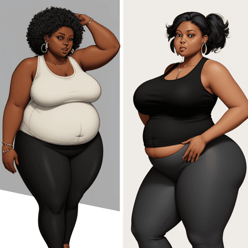 AI generated: Skinny black woman gained weight over time and became fat. She is very full, and very wide. overweig...