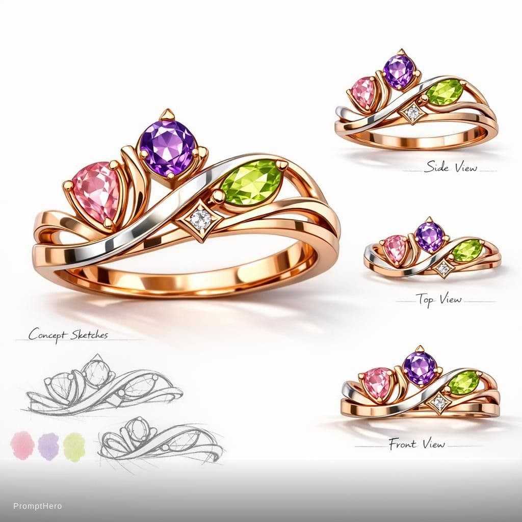AI generated: elegant feminine crown-inspired ring design, abstract asymmetrical form, smooth flowing curves combi...