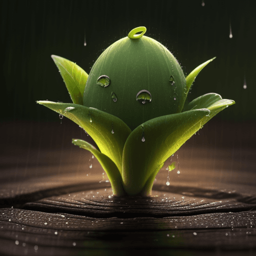 AI generated: a sprout pock out, from thick bark of tree, raindrops, lights, misty, soft shadow, 3d, 