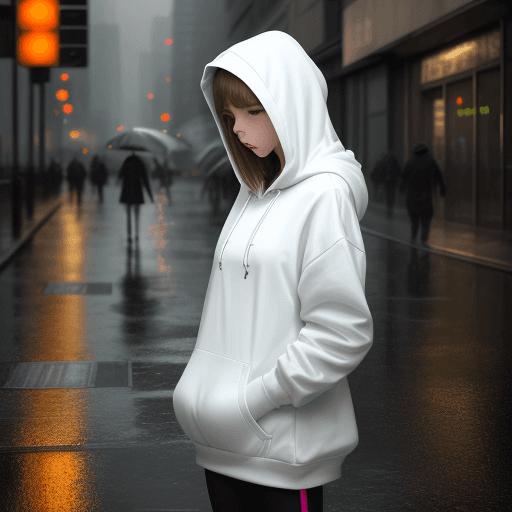 AI generated: masterpiece, girl alone, solo, incredibly absurd, hoodie, small white headphones, street, outdoor, r...