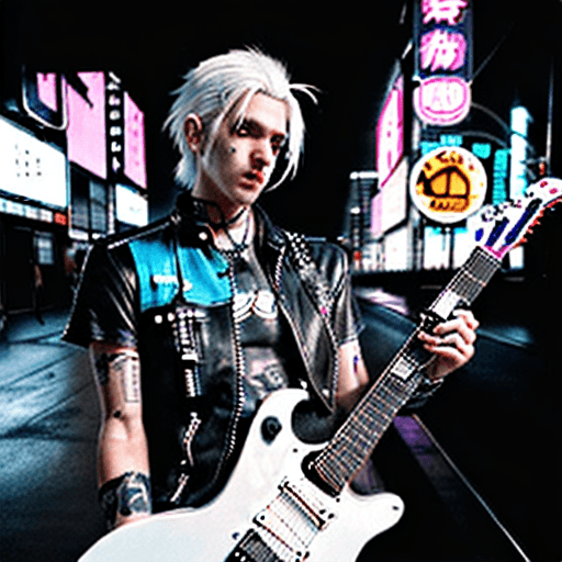AI generated: rocker, man with guitar, 30 years old, brutal, white hair, in big city, cyberpunk, a little bit of n...