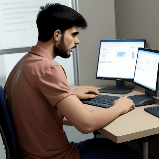 AI generated: a man siting using computer and very angry , at cybercenter college, around have lot people also usi...