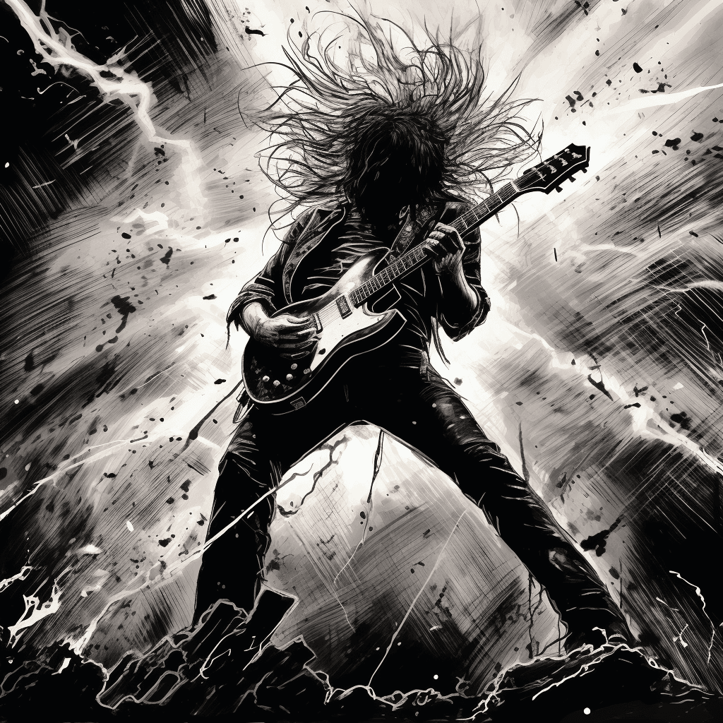 AI generated: Gothic heavy metal guy rocking out shattering the skies above, Sketch in the style of gritty urban r...