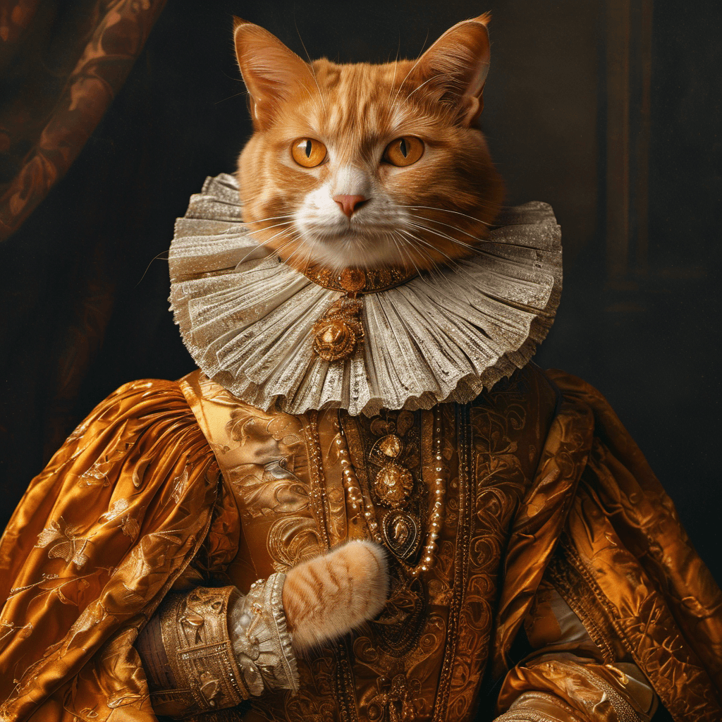 AI generated: Cat,orange tabby,renaissance costume,ruff collar,golden robe,studio portrait,noble demeanor,detailed...