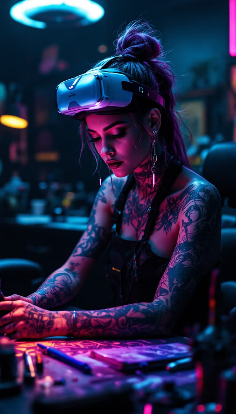 AI generated: Portrait of a futuristic cyberpunk tattoo artist, centered, equipped with augmented reality tools, i...