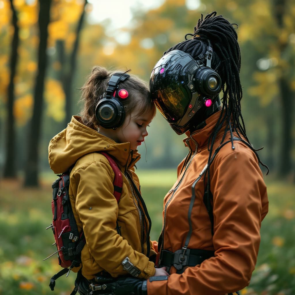 AI generated: Cyber Punk mother and child standing in a park