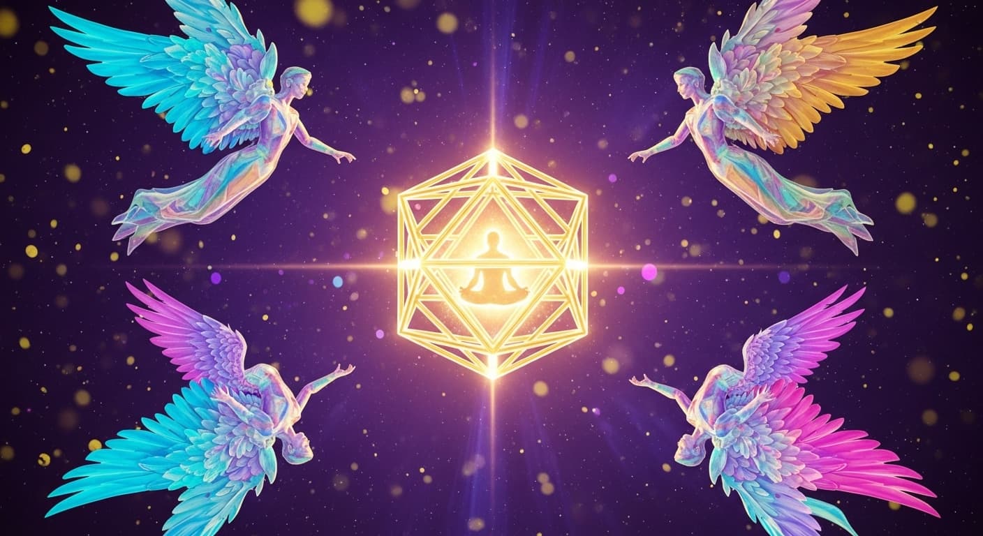 AI generated: YouTube thumbnail 16:9, cosmic, symmetric scene. At the center floats a golden luminous merkaba/stel...