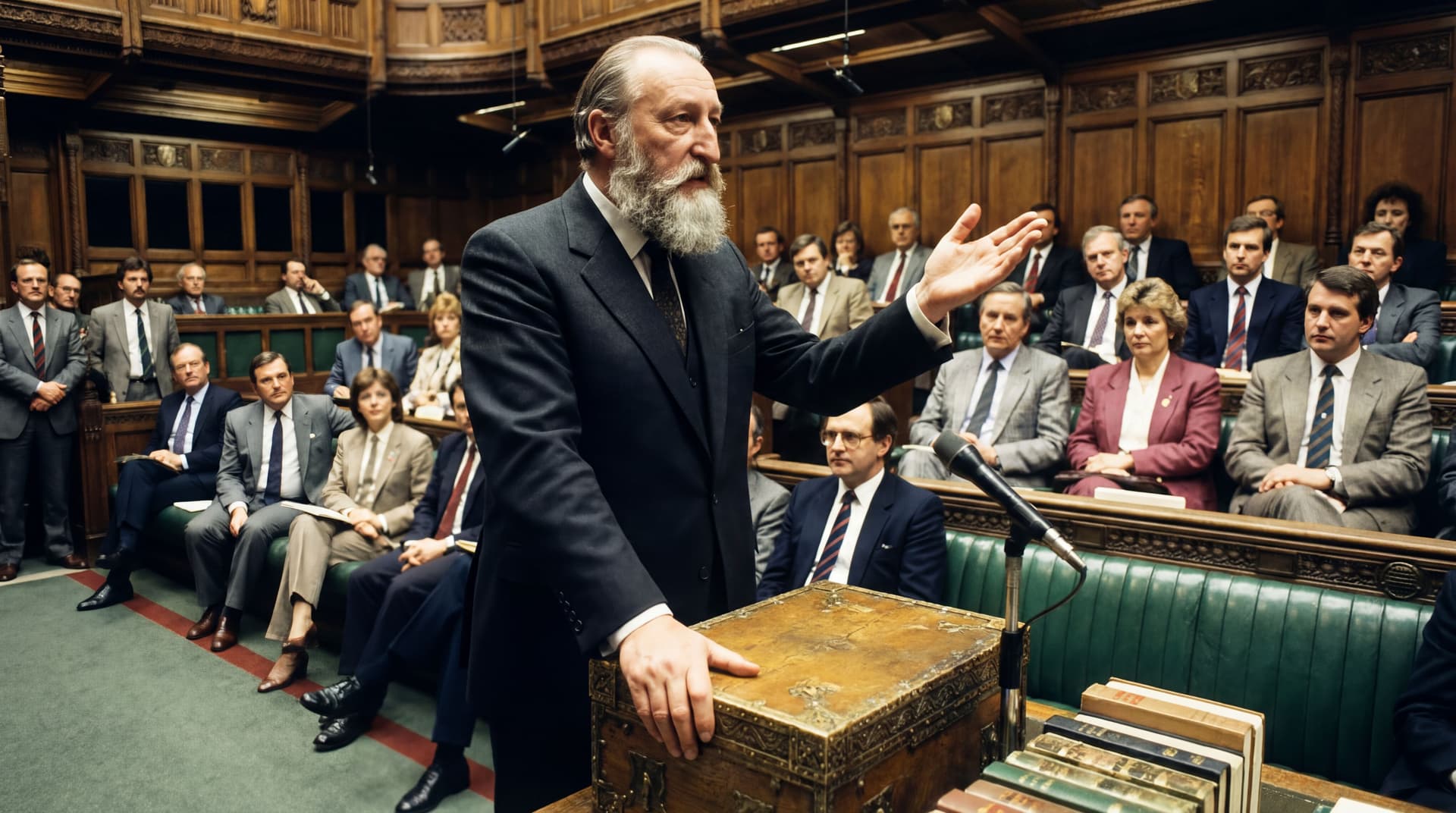 AI generated: Extend the photo   Show him in a 1985 parliament as a  political leaders while standing from his bui...